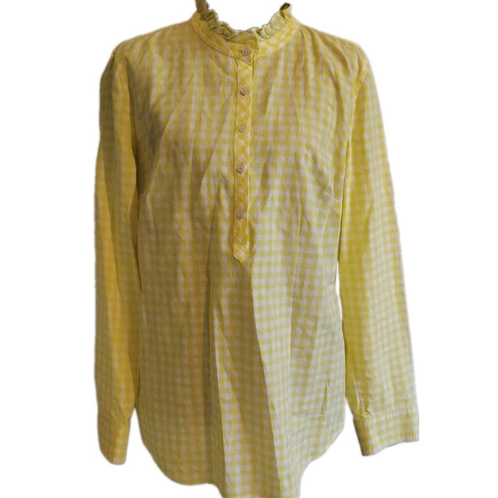 Talbots Womens Medium NWOT Yellow Gingham Ruffle Neck Cotton Henley Blouse Top